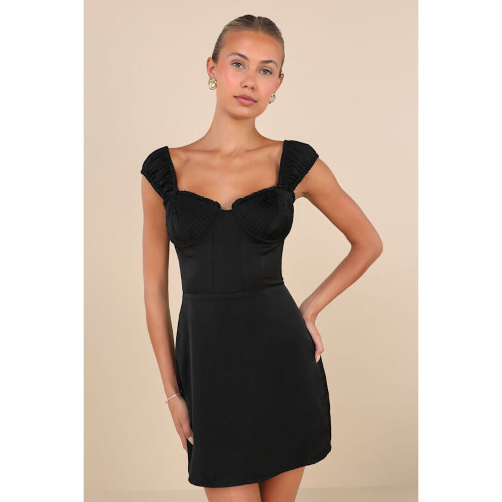 Lulus Perfected Aesthetic Black Satin Ruffled Bustier Mini Dress - Size S